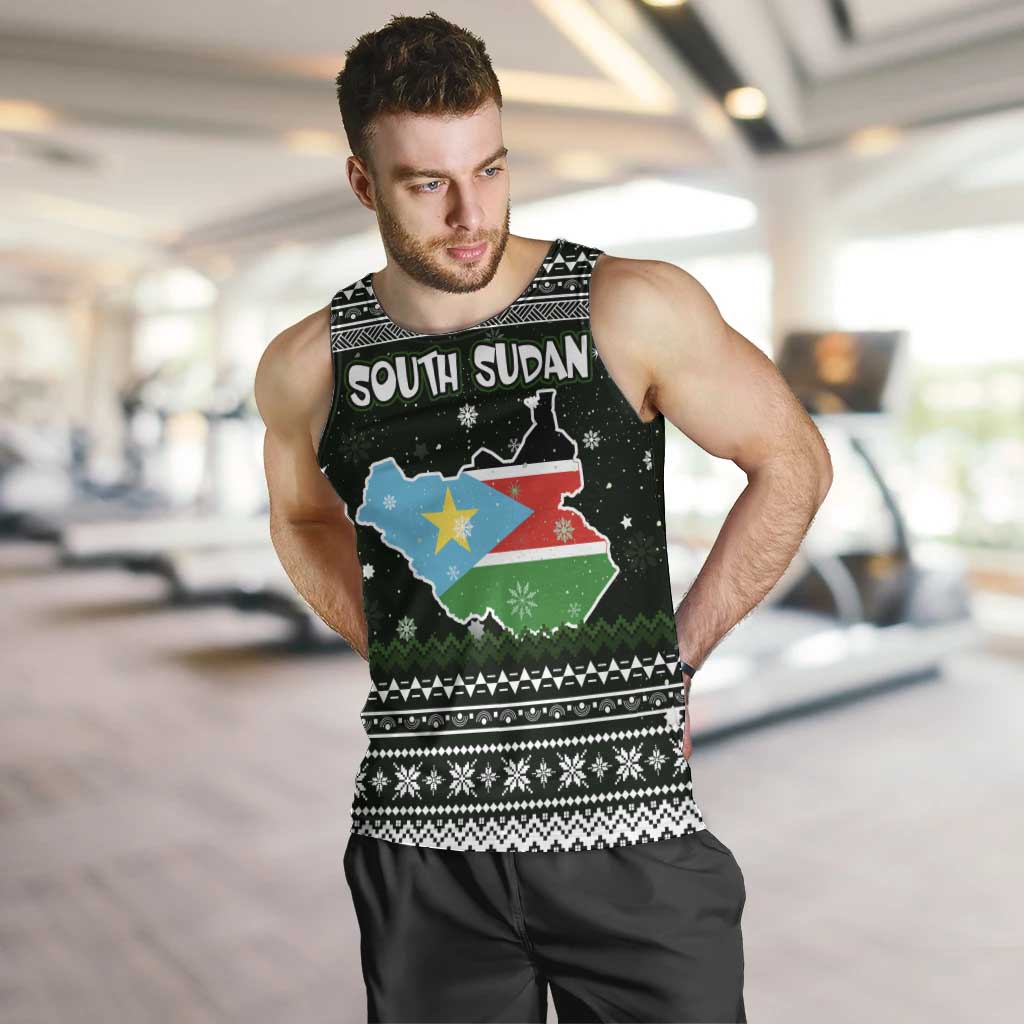 South Sudan Christmas Men Tank Top with National Map, Flag Colors, and Sleeping Rhino Motif - Wonder Print Shop