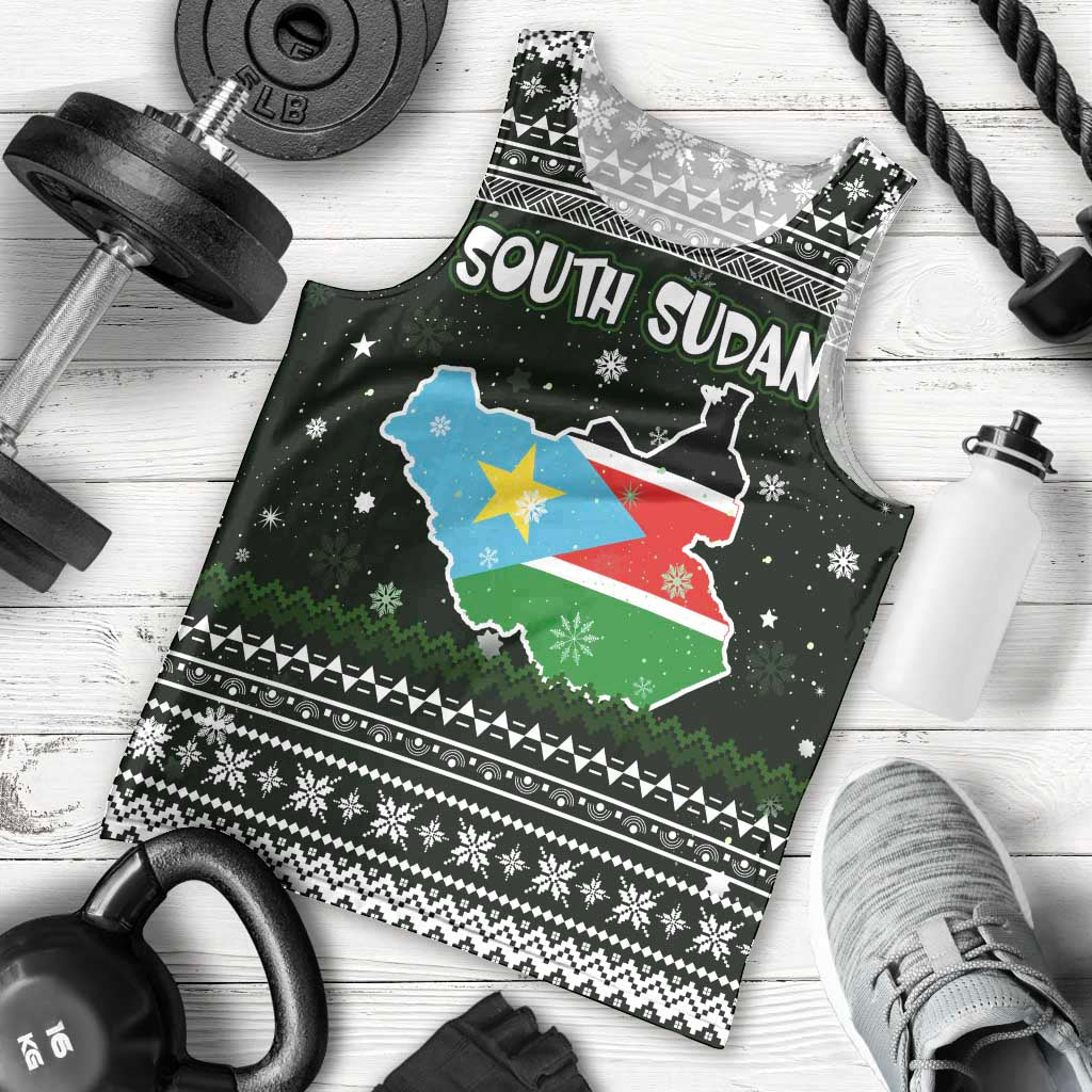 South Sudan Christmas Men Tank Top with National Map, Flag Colors, and Sleeping Rhino Motif - Wonder Print Shop