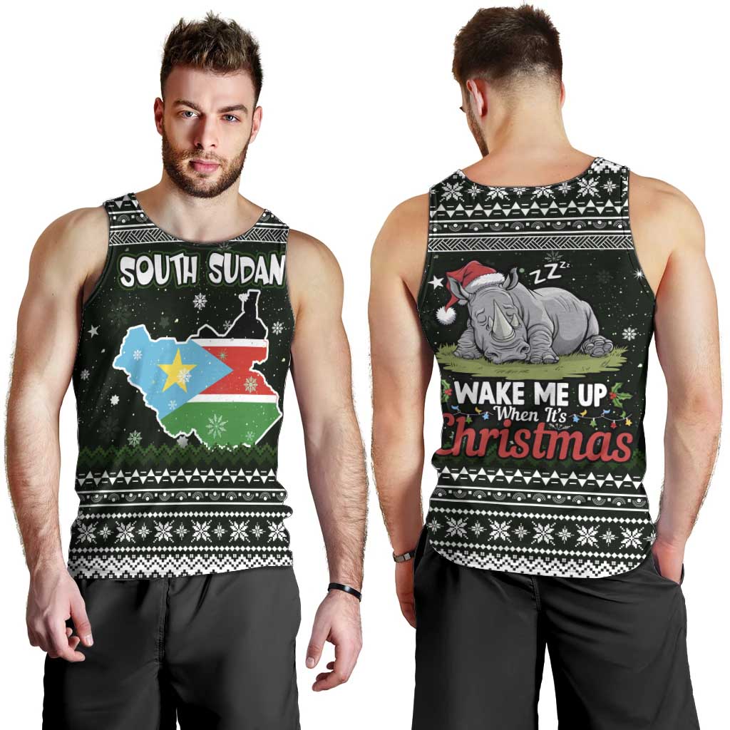 South Sudan Christmas Men Tank Top with National Map, Flag Colors, and Sleeping Rhino Motif - Wonder Print Shop