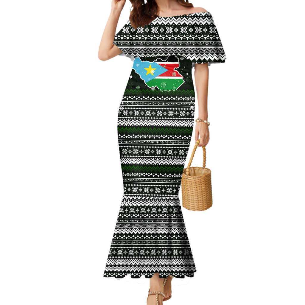 South Sudan Christmas Mermaid Dress with National Map, Flag Colors, and Sleeping Rhino Motif - Wonder Print Shop