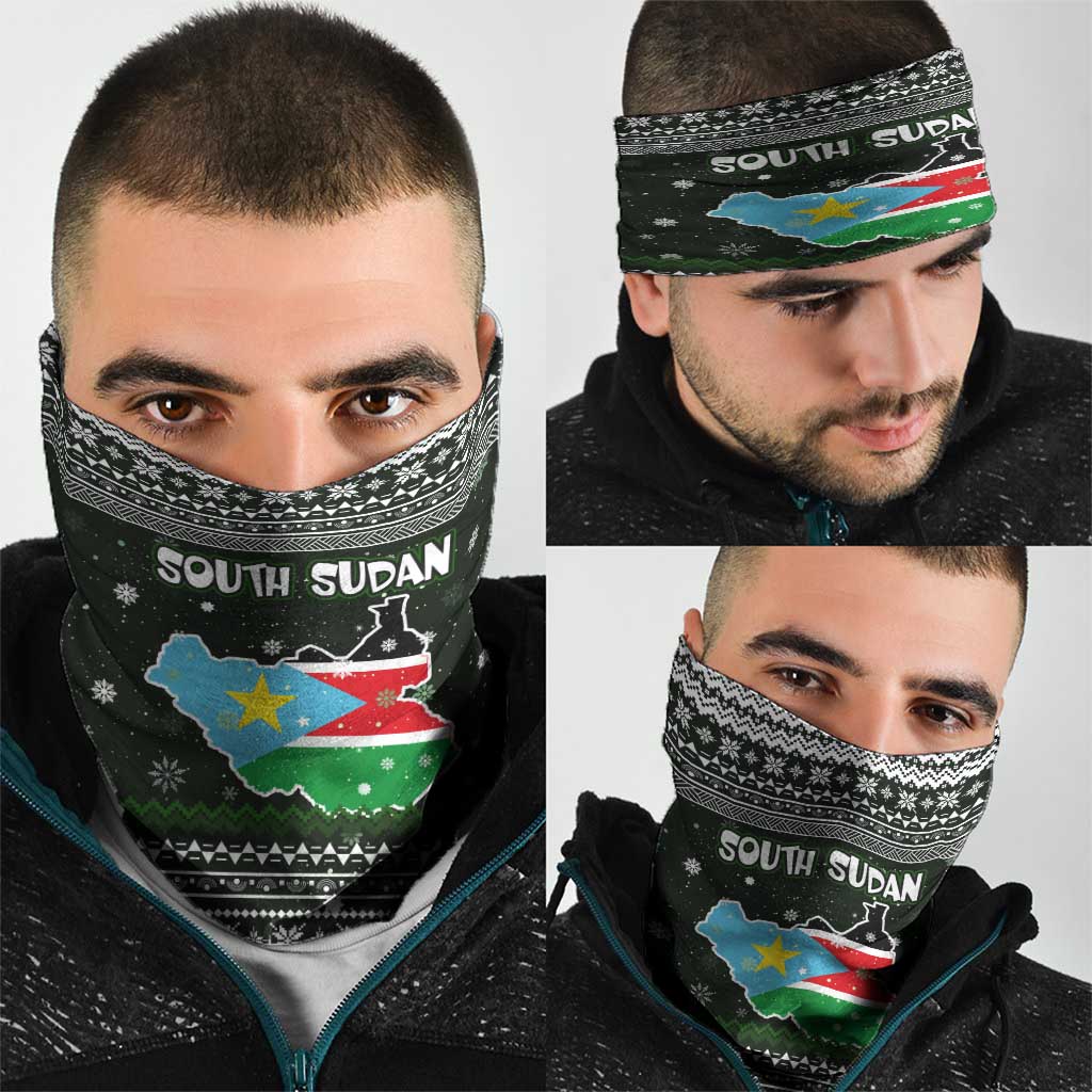 South Sudan Christmas Neck Gaiter with National Map, Flag Colors, and Sleeping Rhino Motif - Wonder Print Shop