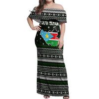 South Sudan Christmas Off Shoulder Maxi Dress with National Map, Flag Colors, and Sleeping Rhino Motif - Wonder Print Shop