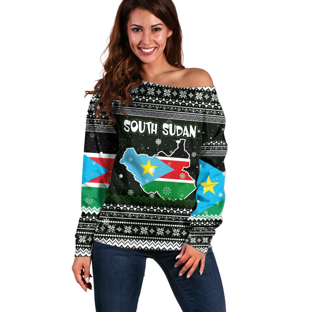 South Sudan Christmas Off Shoulder Sweater with National Map, Flag Colors, and Sleeping Rhino Motif - Wonder Print Shop