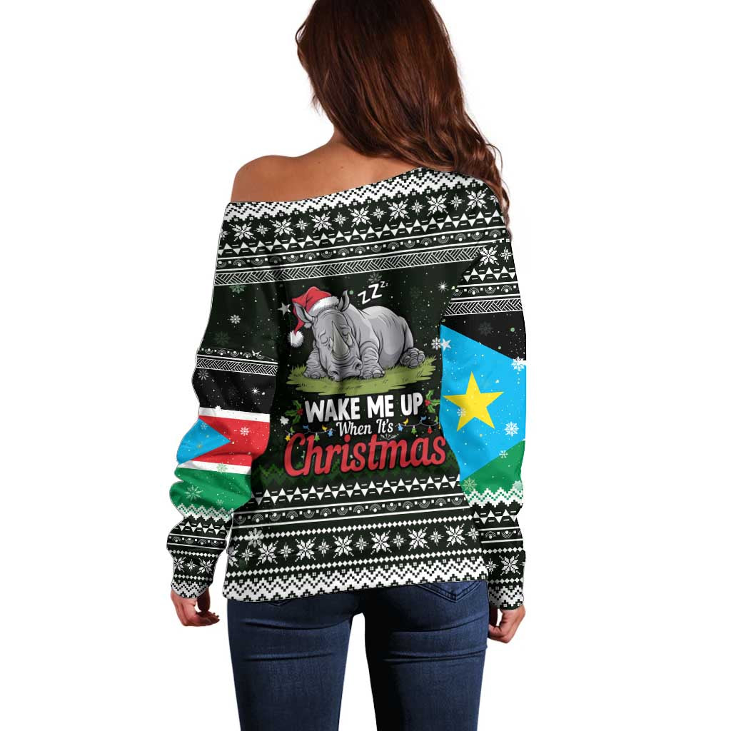 South Sudan Christmas Off Shoulder Sweater with National Map, Flag Colors, and Sleeping Rhino Motif - Wonder Print Shop