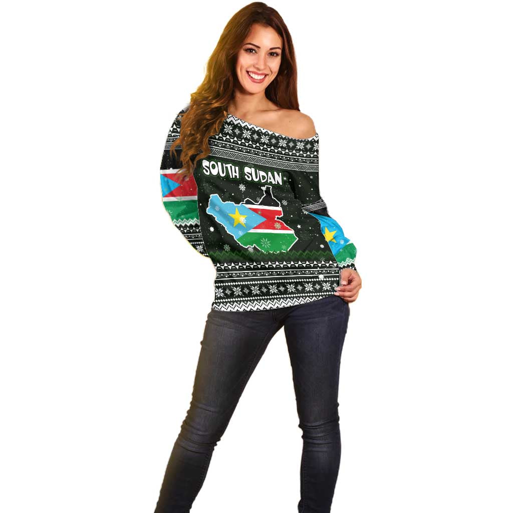 South Sudan Christmas Off Shoulder Sweater with National Map, Flag Colors, and Sleeping Rhino Motif - Wonder Print Shop