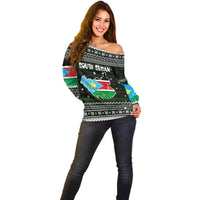 South Sudan Christmas Off Shoulder Sweater with National Map, Flag Colors, and Sleeping Rhino Motif - Wonder Print Shop