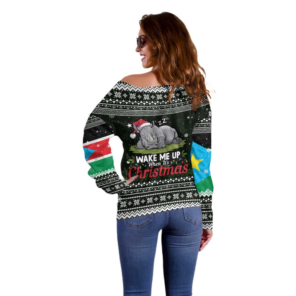 South Sudan Christmas Off Shoulder Sweater with National Map, Flag Colors, and Sleeping Rhino Motif - Wonder Print Shop