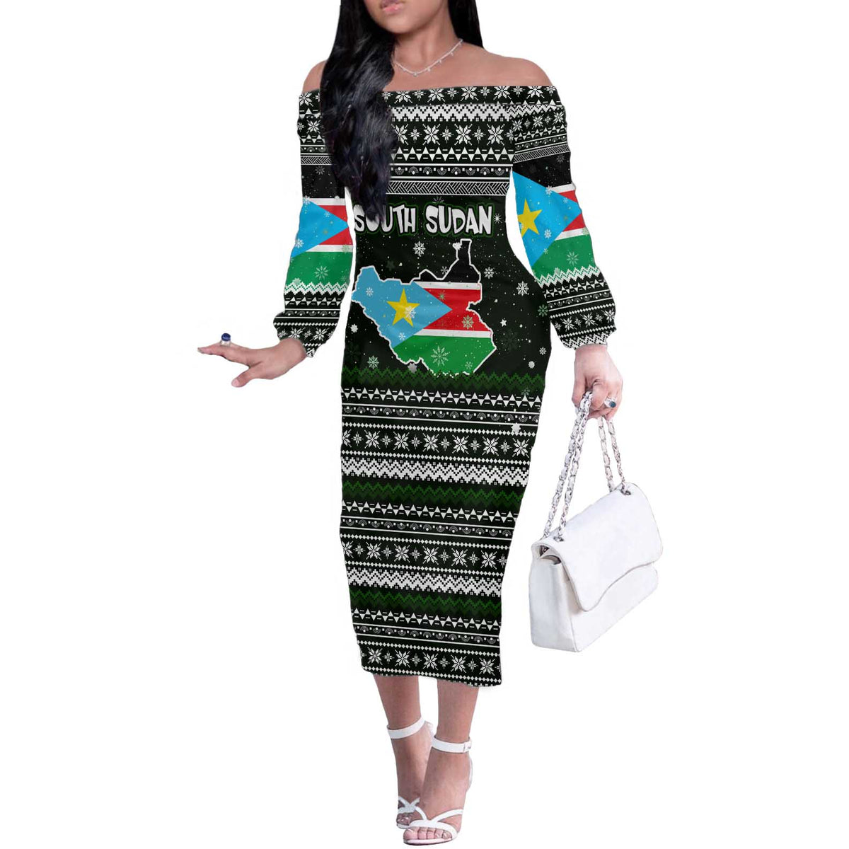 South Sudan Christmas Off The Shoulder Long Sleeve Dress with National Map, Flag Colors, and Sleeping Rhino Motif - Wonder Print Shop