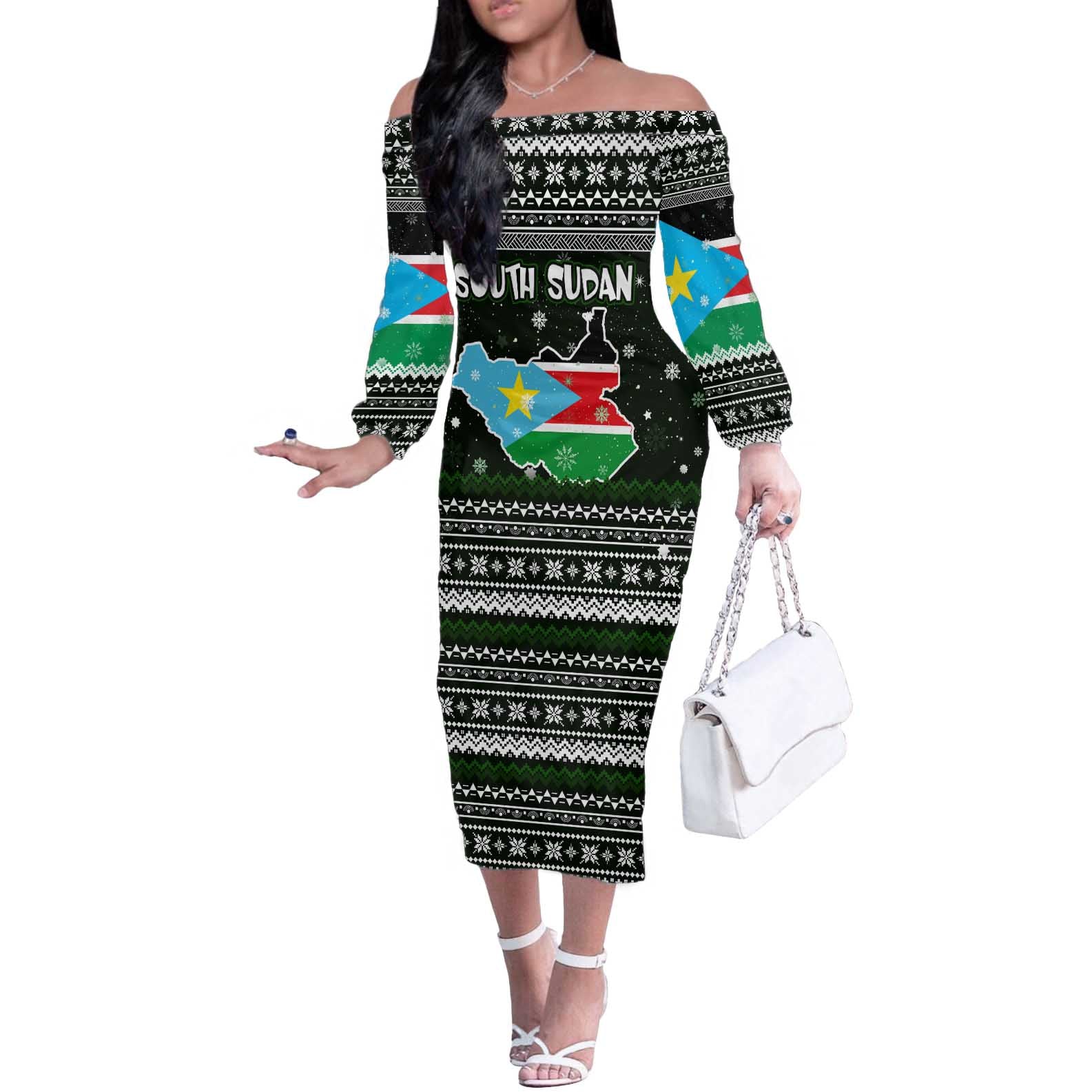 South Sudan Christmas Off The Shoulder Long Sleeve Dress with National Map, Flag Colors, and Sleeping Rhino Motif - Wonder Print Shop