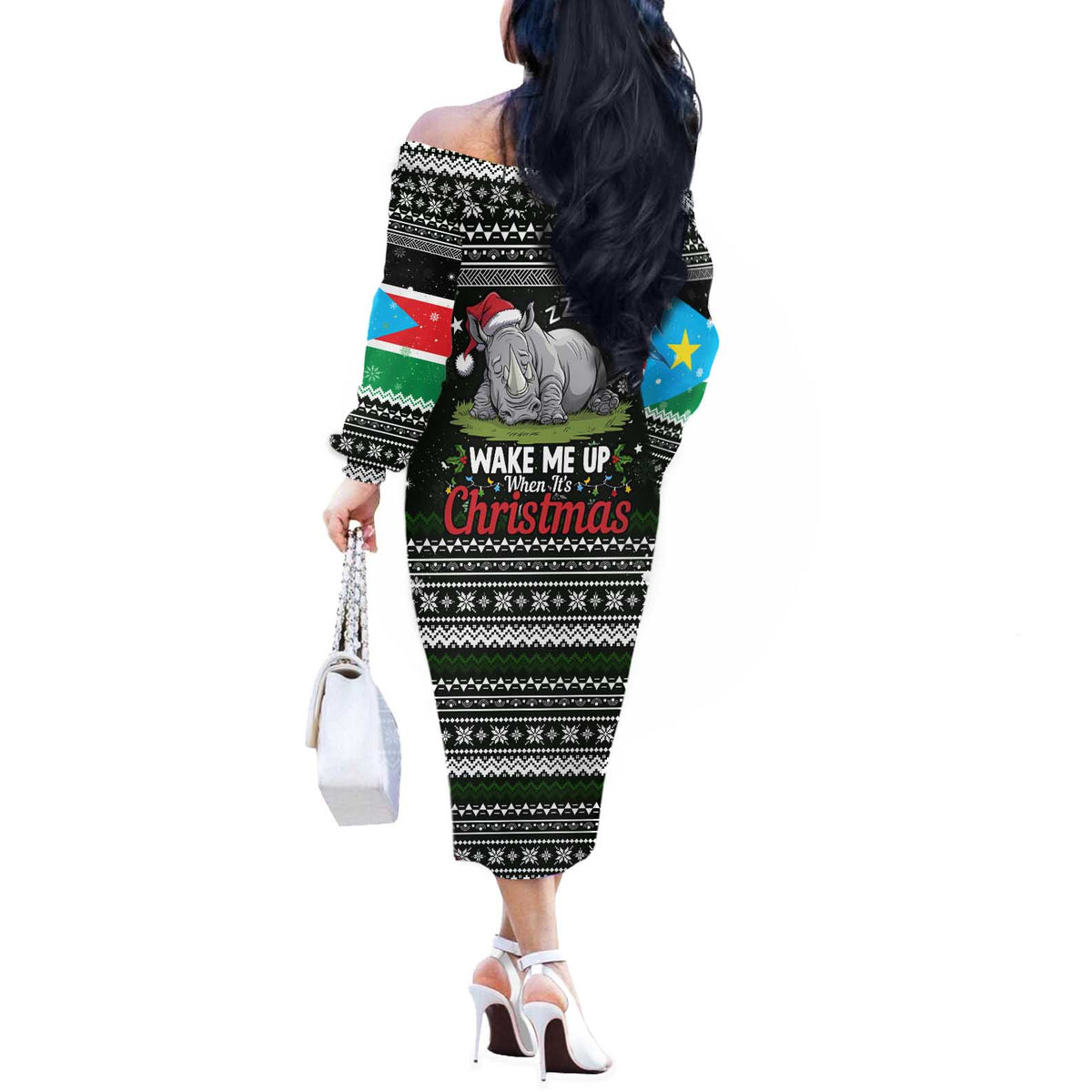 South Sudan Christmas Off The Shoulder Long Sleeve Dress with National Map, Flag Colors, and Sleeping Rhino Motif - Wonder Print Shop
