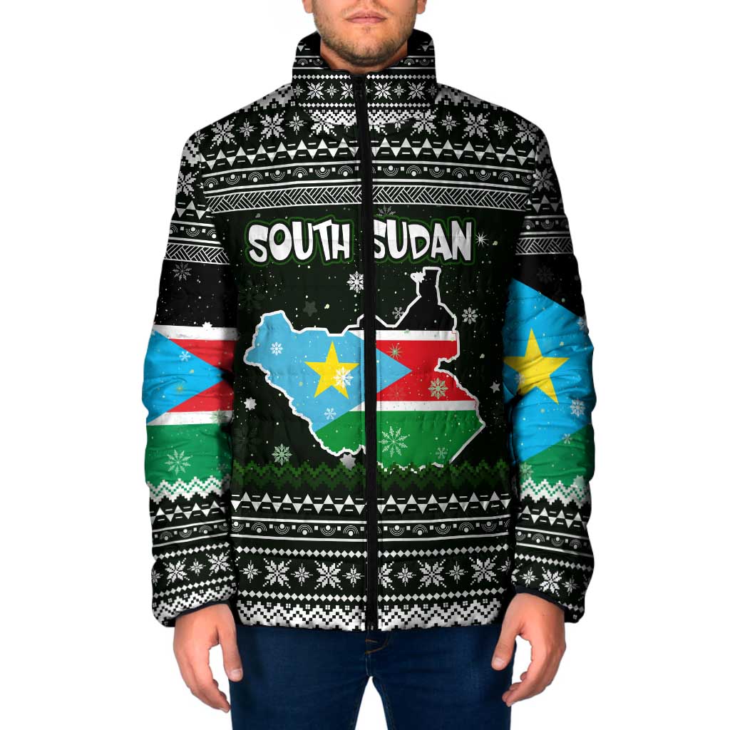 South Sudan Christmas Padded Jacket with National Map, Flag Colors, and Sleeping Rhino Motif - Wonder Print Shop