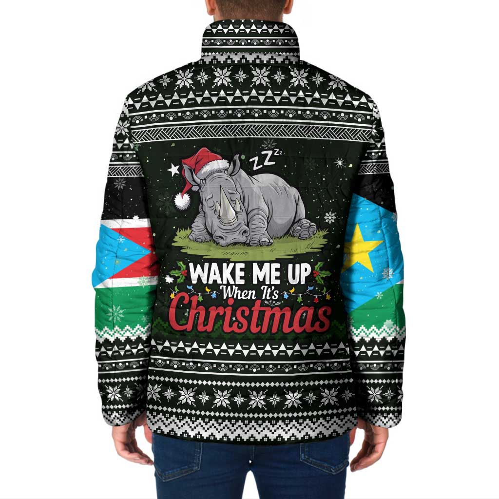 South Sudan Christmas Padded Jacket with National Map, Flag Colors, and Sleeping Rhino Motif - Wonder Print Shop