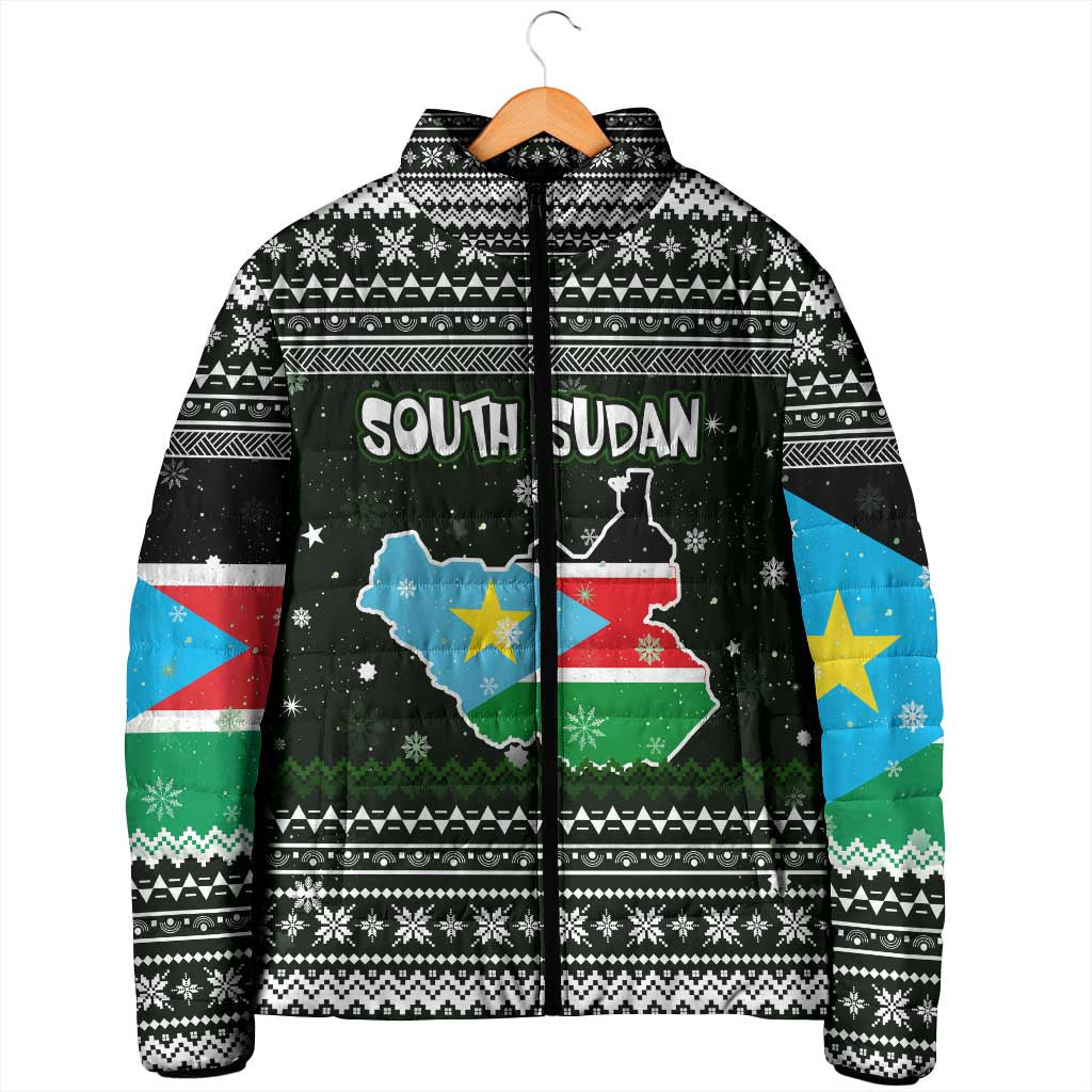 South Sudan Christmas Padded Jacket with National Map, Flag Colors, and Sleeping Rhino Motif - Wonder Print Shop