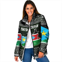 South Sudan Christmas Padded Jacket with National Map, Flag Colors, and Sleeping Rhino Motif - Wonder Print Shop