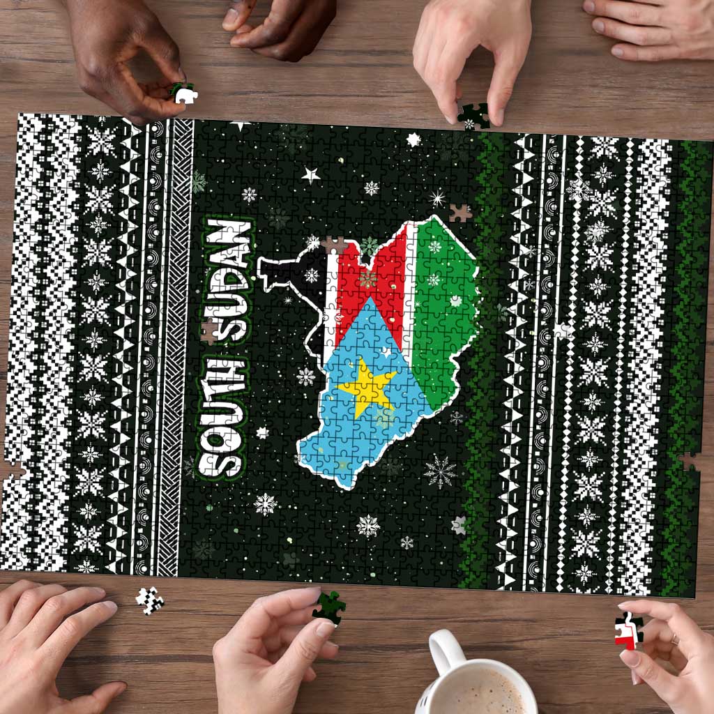 South Sudan Christmas Puzzle with National Map, Flag Colors, and Sleeping Rhino Motif - Wonder Print Shop