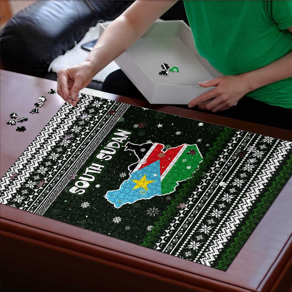 South Sudan Christmas Puzzle with National Map, Flag Colors, and Sleeping Rhino Motif - Wonder Print Shop