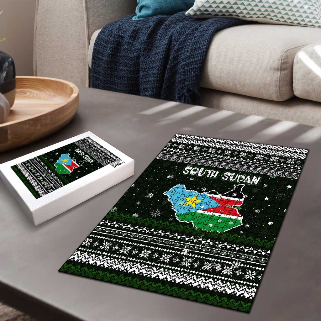 South Sudan Christmas Puzzle with National Map, Flag Colors, and Sleeping Rhino Motif - Wonder Print Shop