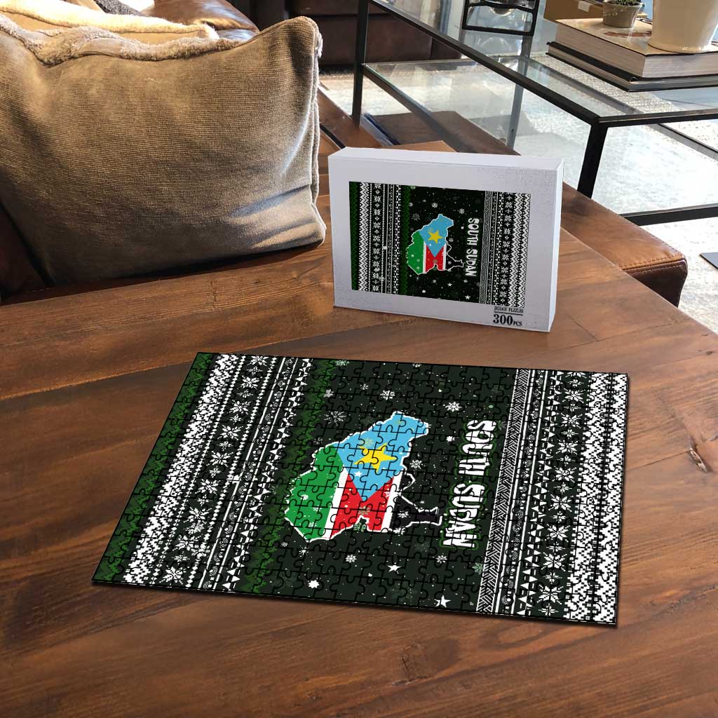 South Sudan Christmas Puzzle with National Map, Flag Colors, and Sleeping Rhino Motif - Wonder Print Shop