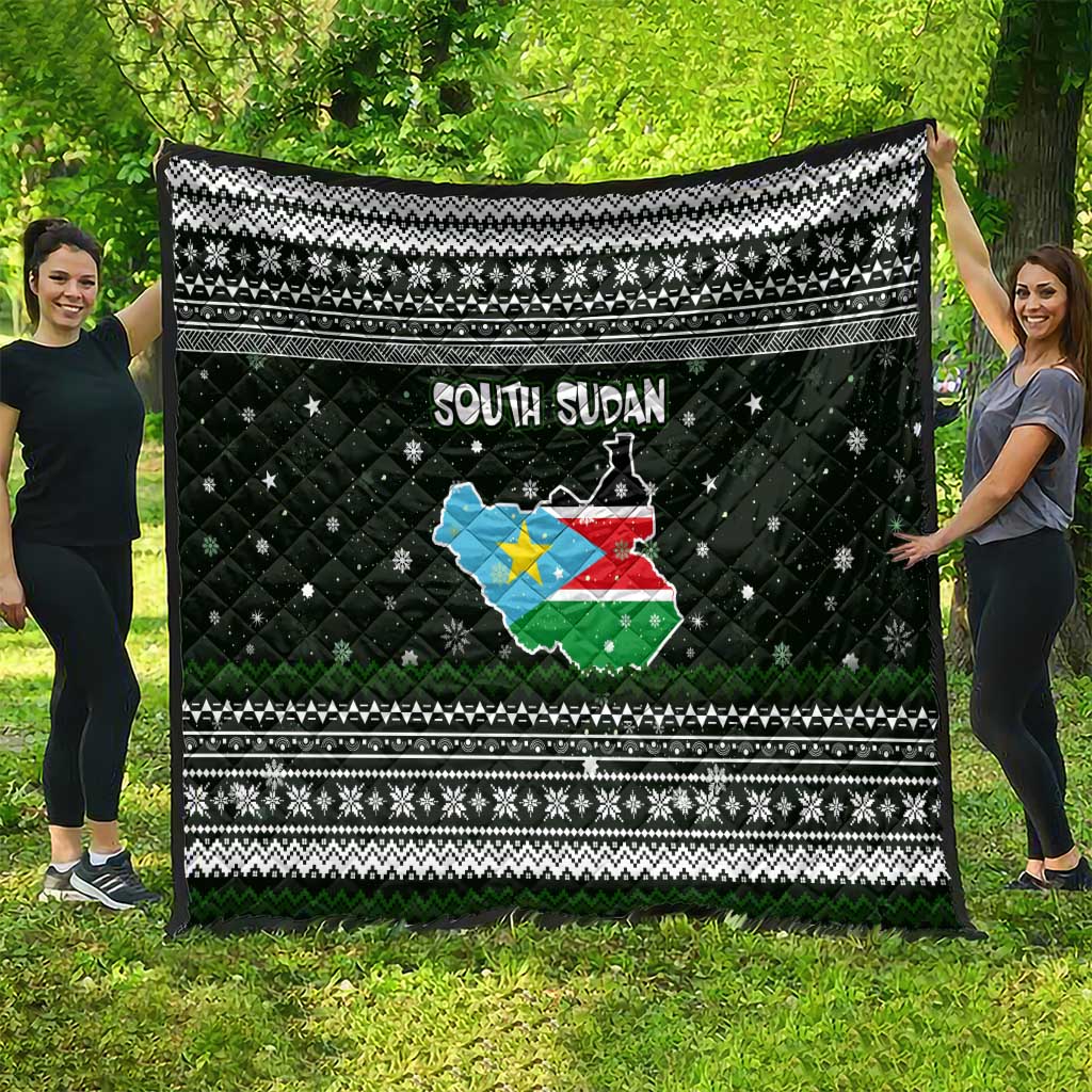 South Sudan Christmas Quilt with National Map, Flag Colors, and Sleeping Rhino Motif - Wonder Print Shop