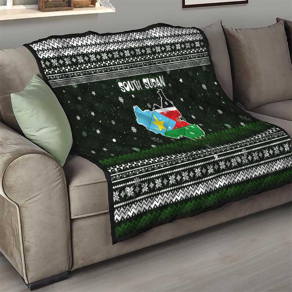 South Sudan Christmas Quilt with National Map, Flag Colors, and Sleeping Rhino Motif - Wonder Print Shop