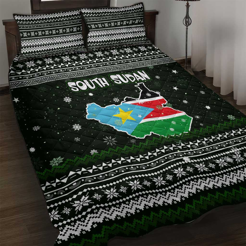 South Sudan Christmas Quilt Bed Set with National Map, Flag Colors, and Sleeping Rhino Motif - Wonder Print Shop