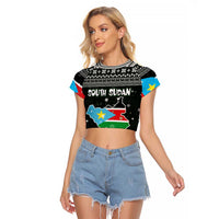 South Sudan Christmas Raglan Cropped T Shirt with National Map, Flag Colors, and Sleeping Rhino Motif - Wonder Print Shop