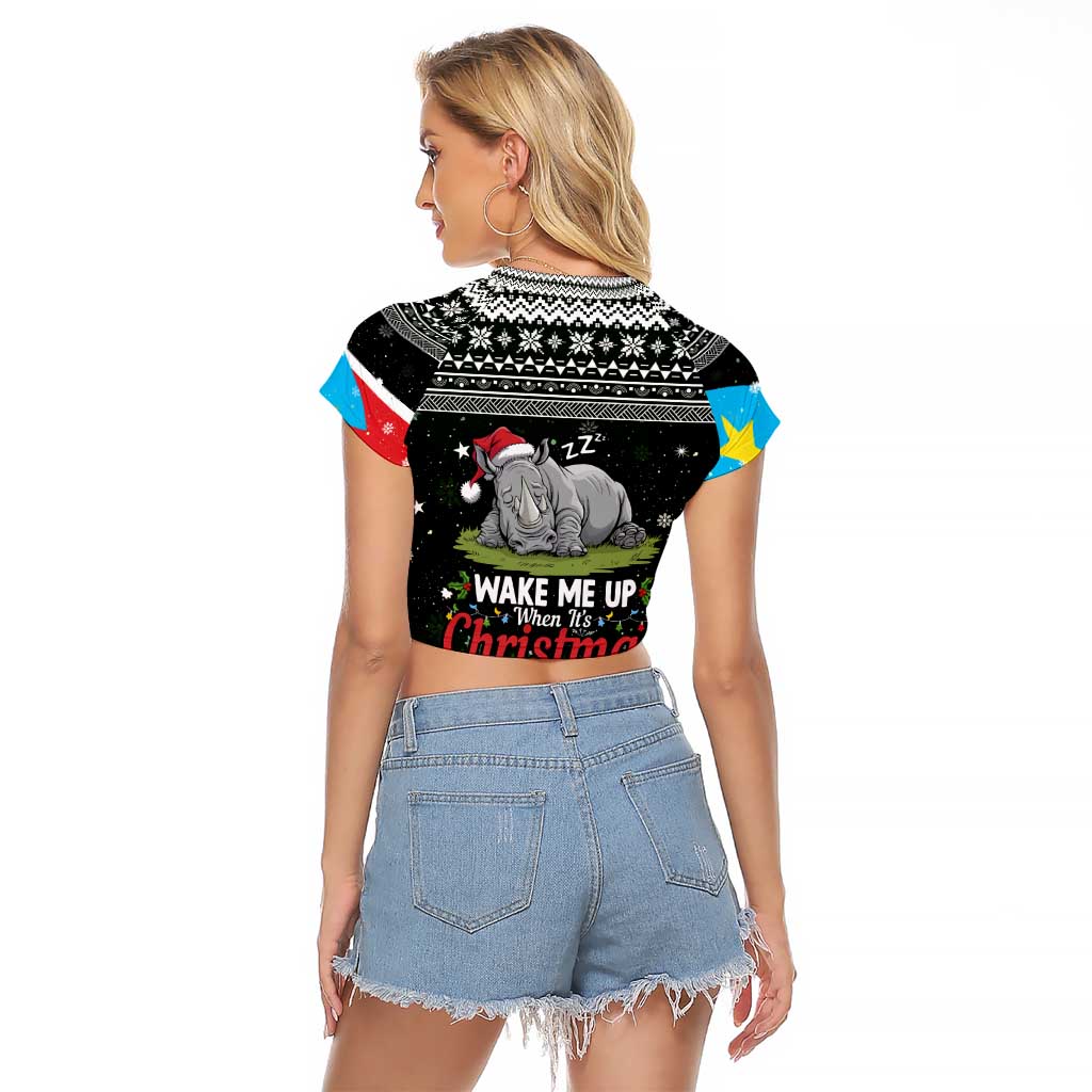 South Sudan Christmas Raglan Cropped T Shirt with National Map, Flag Colors, and Sleeping Rhino Motif - Wonder Print Shop