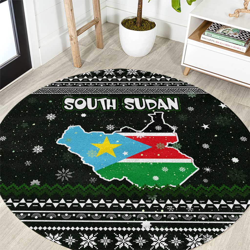 South Sudan Christmas Round Carpet with National Map, Flag Colors, and Sleeping Rhino Motif - Wonder Print Shop