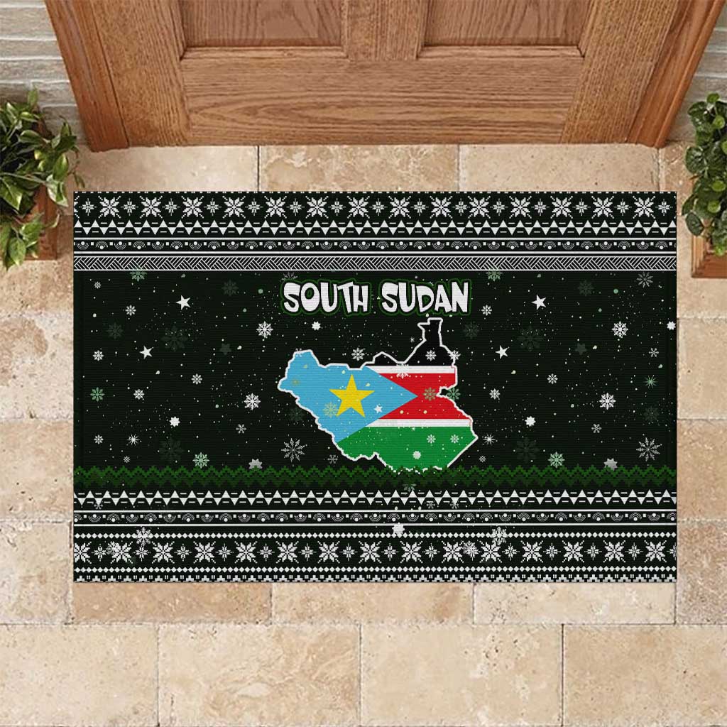 South Sudan Christmas Rubber Doormat with National Map, Flag Colors, and Sleeping Rhino Motif - Wonder Print Shop