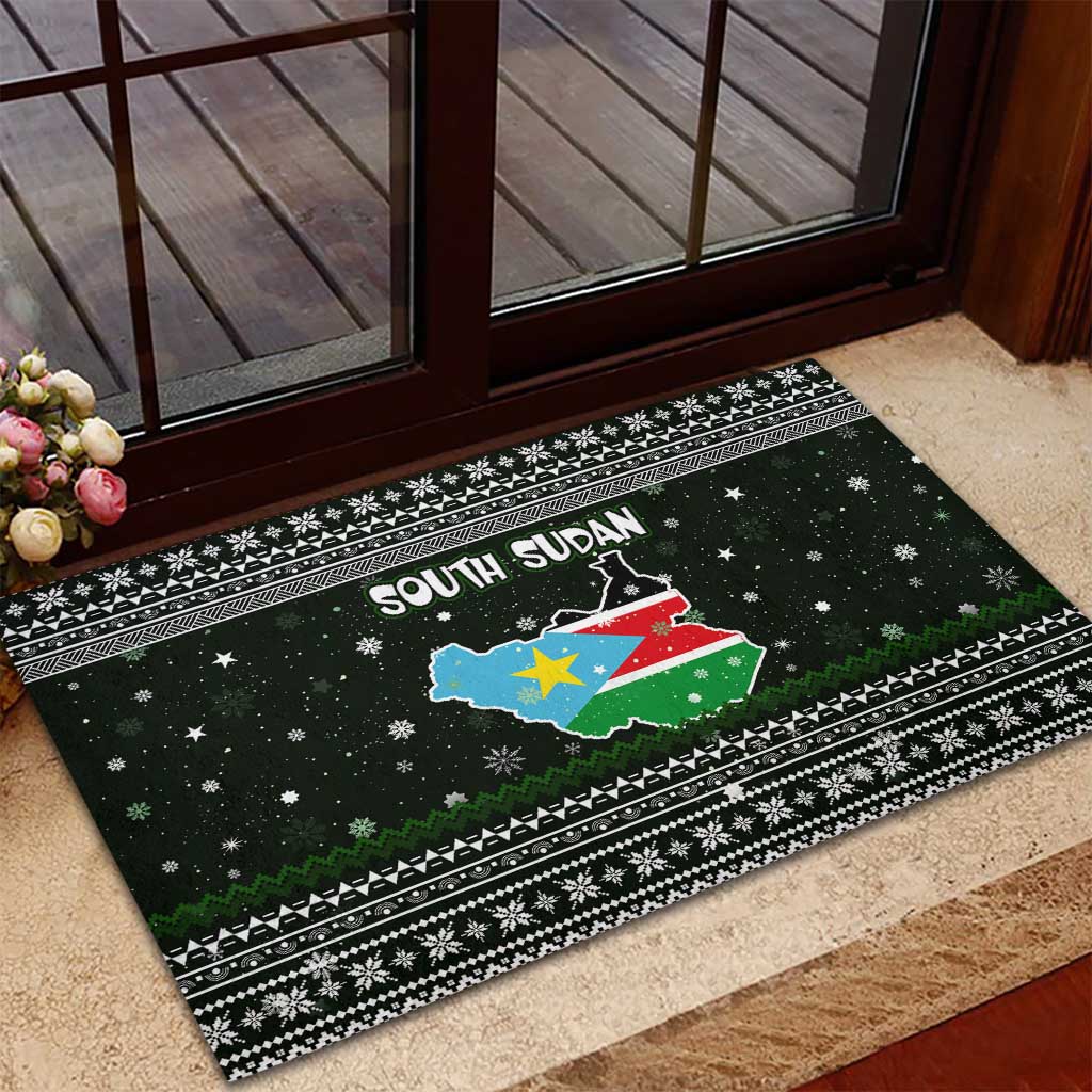 South Sudan Christmas Rubber Doormat with National Map, Flag Colors, and Sleeping Rhino Motif - Wonder Print Shop