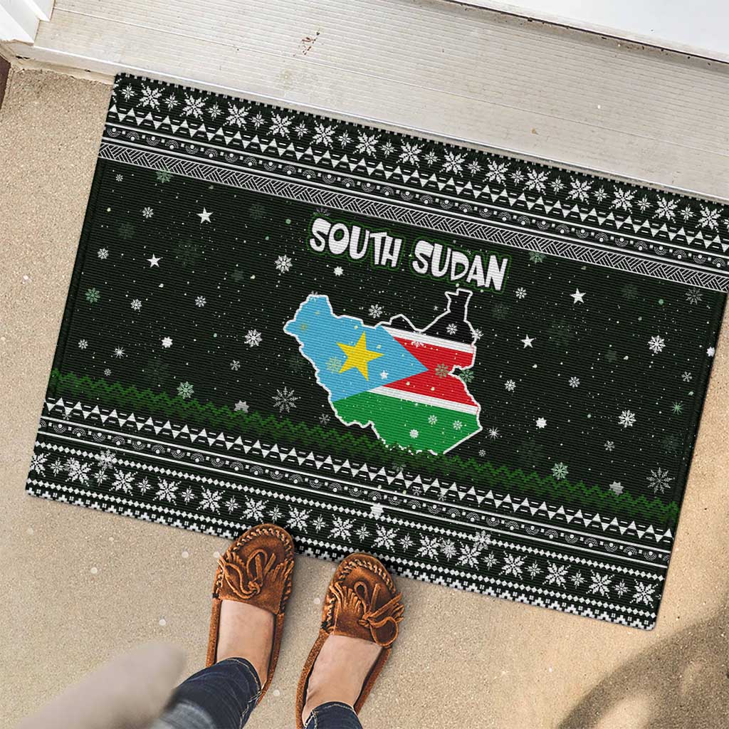 South Sudan Christmas Rubber Doormat with National Map, Flag Colors, and Sleeping Rhino Motif - Wonder Print Shop