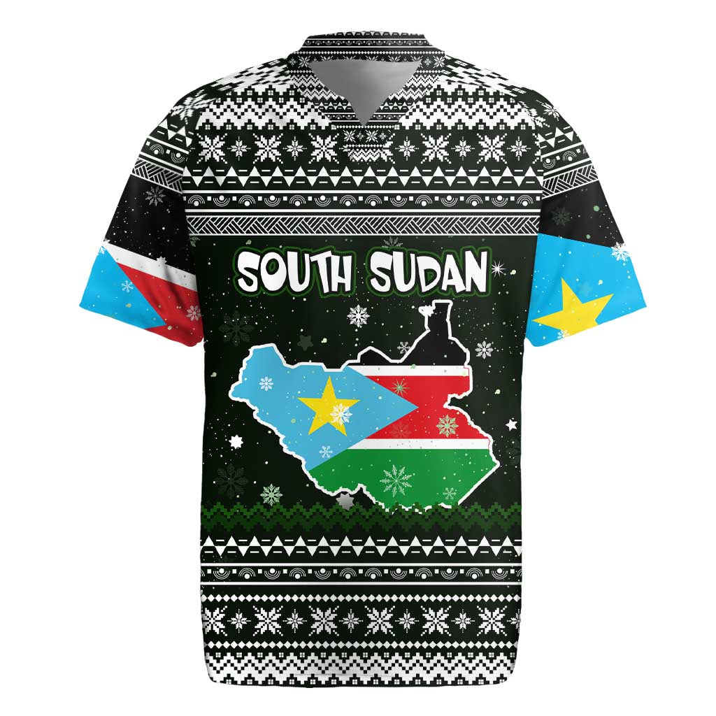 South Sudan Christmas Rugby Jersey with National Map, Flag Colors, and Sleeping Rhino Motif - Wonder Print Shop