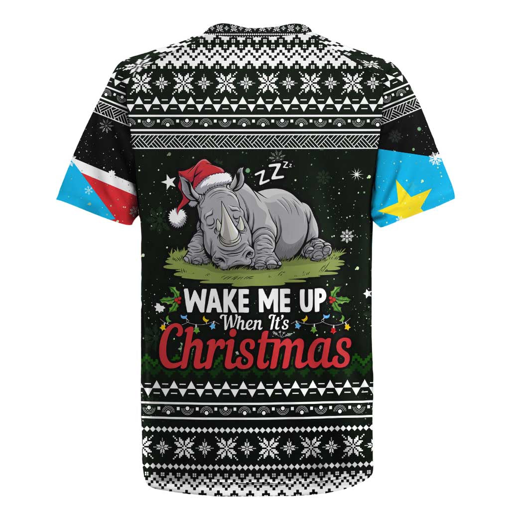 South Sudan Christmas Rugby Jersey with National Map, Flag Colors, and Sleeping Rhino Motif - Wonder Print Shop