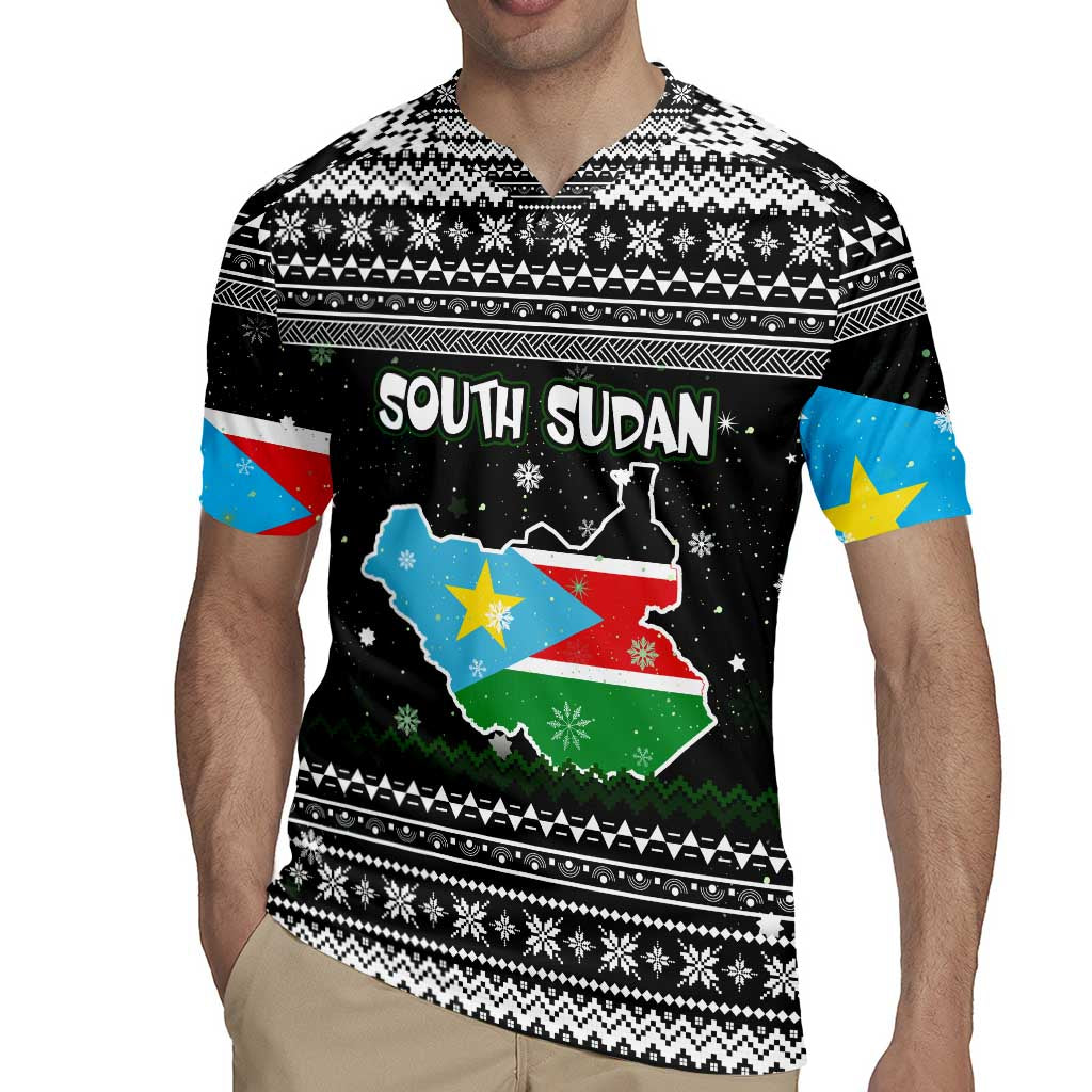 South Sudan Christmas Rugby Jersey with National Map, Flag Colors, and Sleeping Rhino Motif - Wonder Print Shop