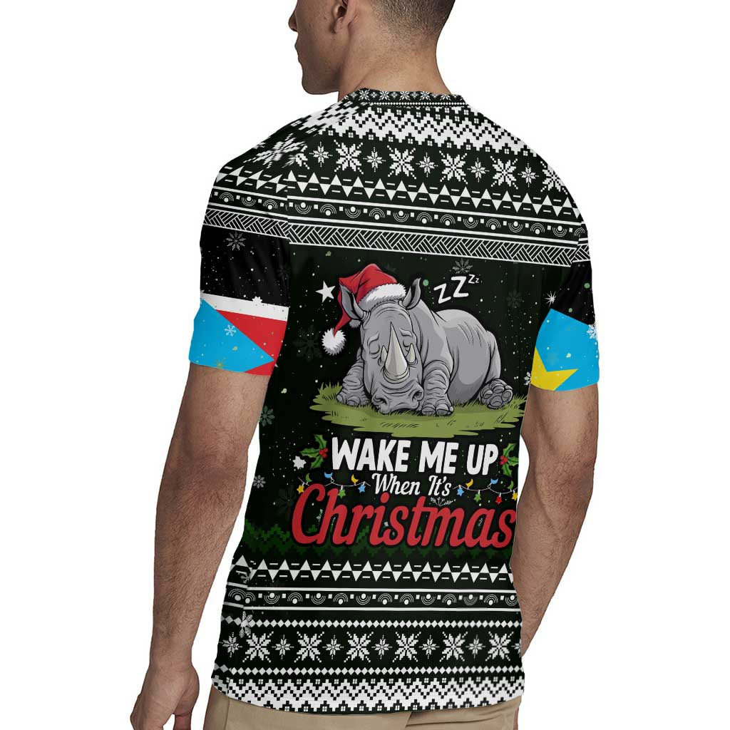 South Sudan Christmas Rugby Jersey with National Map, Flag Colors, and Sleeping Rhino Motif - Wonder Print Shop