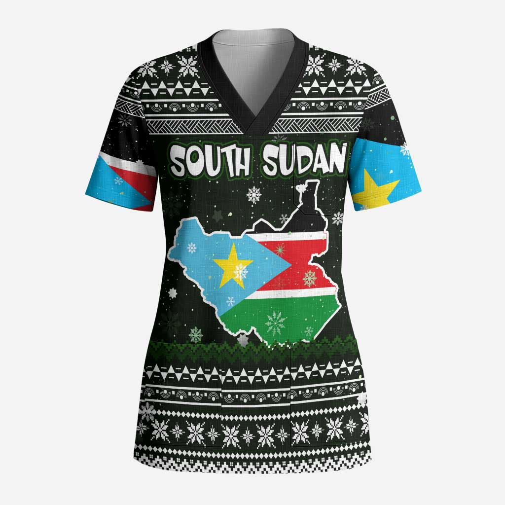 South Sudan Christmas Scrub Top with National Map, Flag Colors, and Sleeping Rhino Motif - Wonder Print Shop