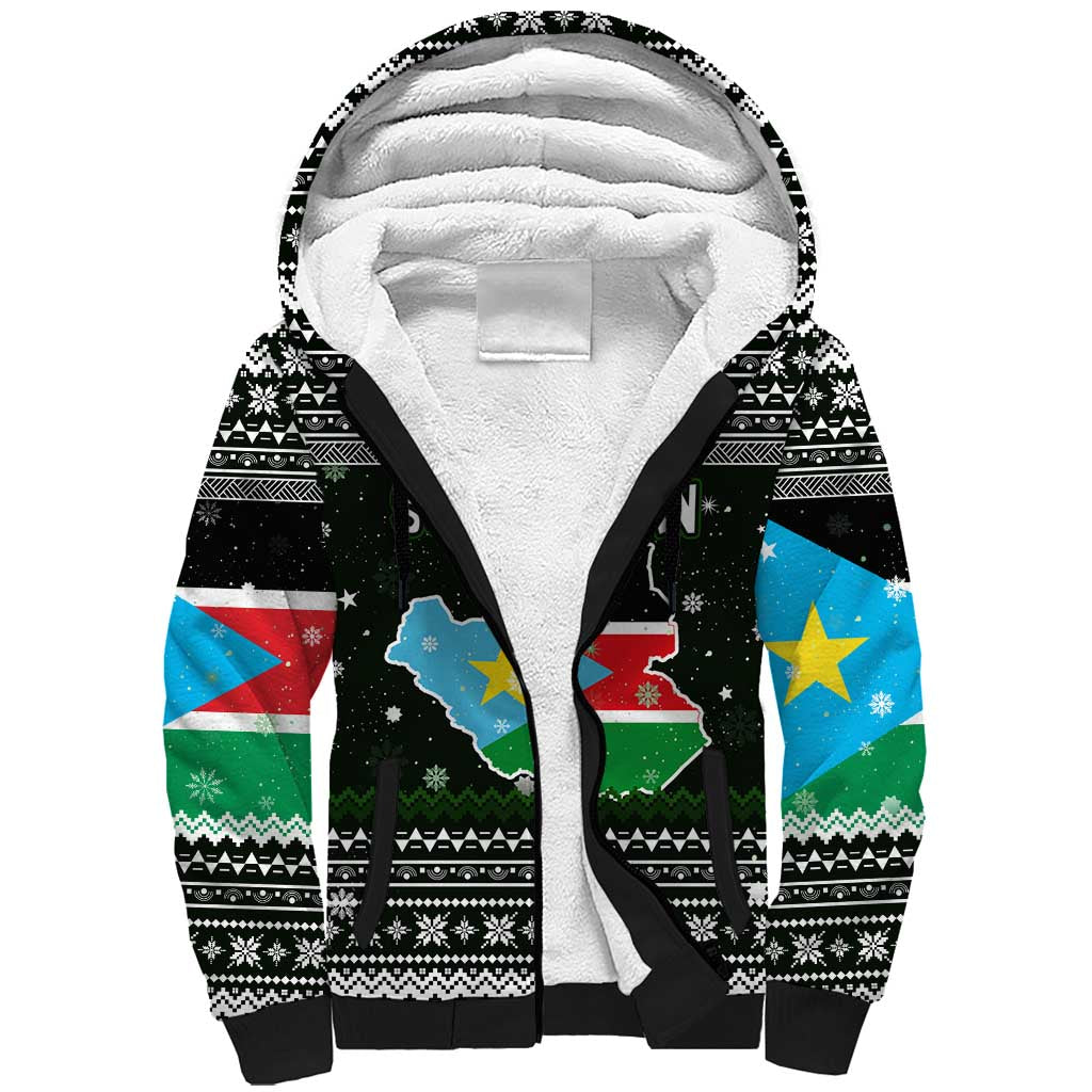 South Sudan Christmas Sherpa Hoodie with National Map, Flag Colors, and Sleeping Rhino Motif - Wonder Print Shop