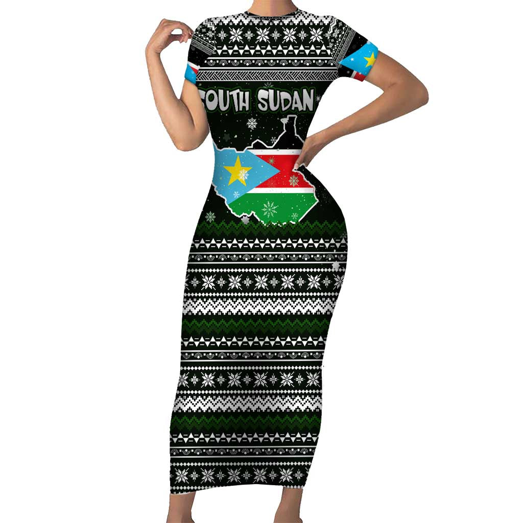 South Sudan Christmas Short Sleeve Bodycon Dress with National Map, Flag Colors, and Sleeping Rhino Motif - Wonder Print Shop