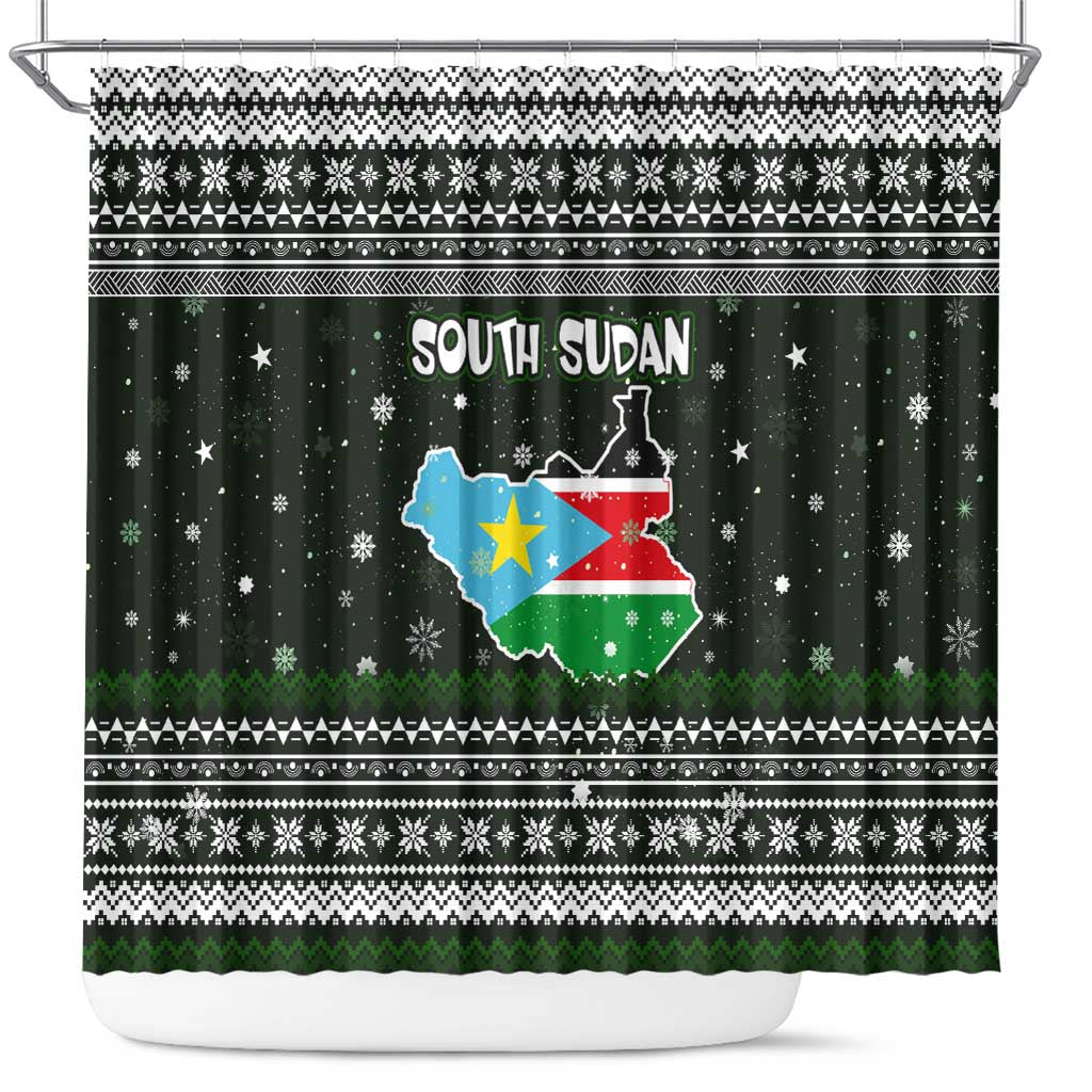 South Sudan Christmas Shower Curtain with National Map, Flag Colors, and Sleeping Rhino Motif - Wonder Print Shop