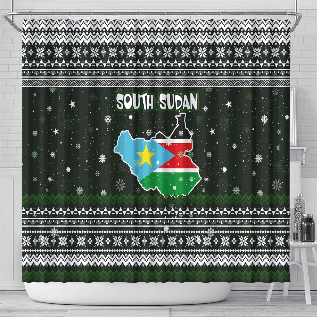 South Sudan Christmas Shower Curtain with National Map, Flag Colors, and Sleeping Rhino Motif - Wonder Print Shop