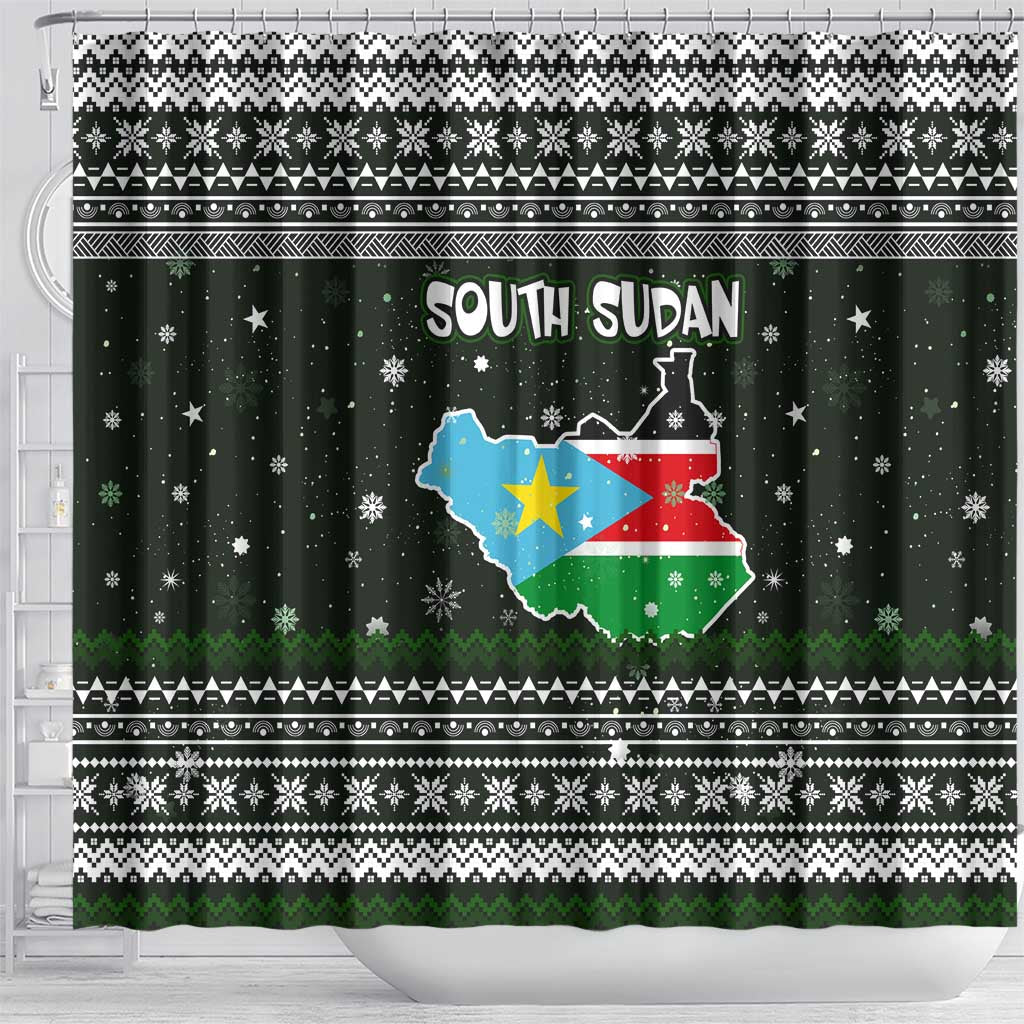 South Sudan Christmas Shower Curtain with National Map, Flag Colors, and Sleeping Rhino Motif - Wonder Print Shop
