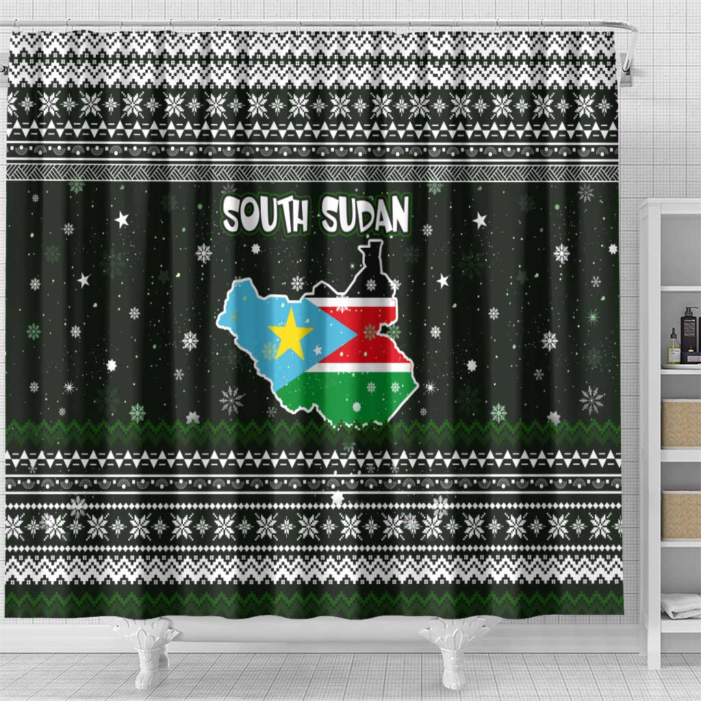 South Sudan Christmas Shower Curtain with National Map, Flag Colors, and Sleeping Rhino Motif - Wonder Print Shop