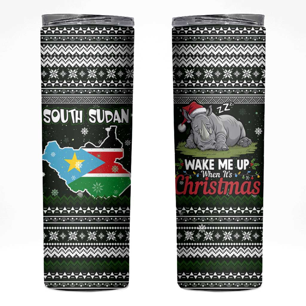 South Sudan Christmas Skinny Tumbler with National Map, Flag Colors, and Sleeping Rhino Motif - Wonder Print Shop