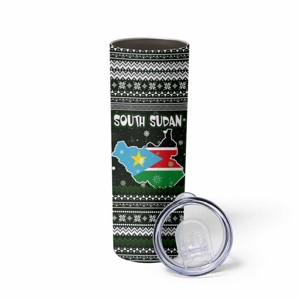 South Sudan Christmas Skinny Tumbler with National Map, Flag Colors, and Sleeping Rhino Motif - Wonder Print Shop