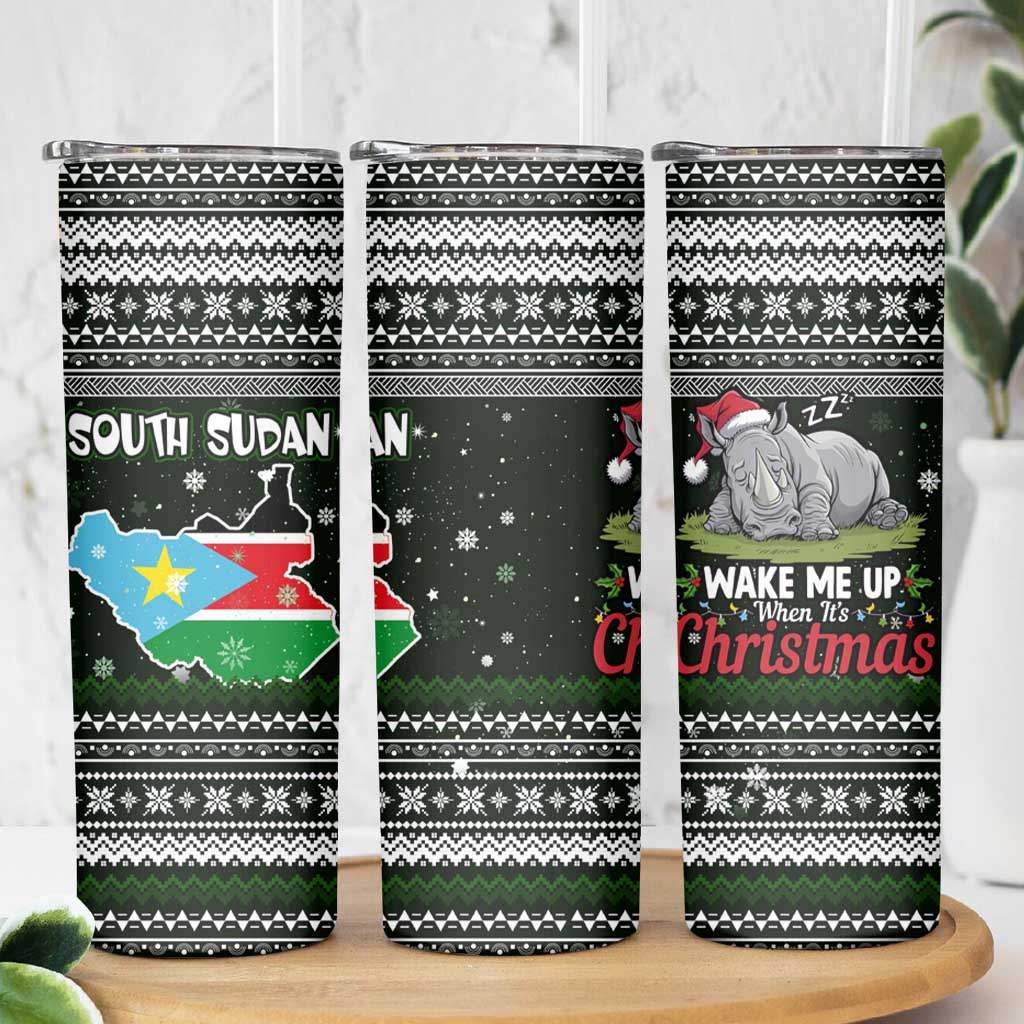 South Sudan Christmas Skinny Tumbler with National Map, Flag Colors, and Sleeping Rhino Motif - Wonder Print Shop