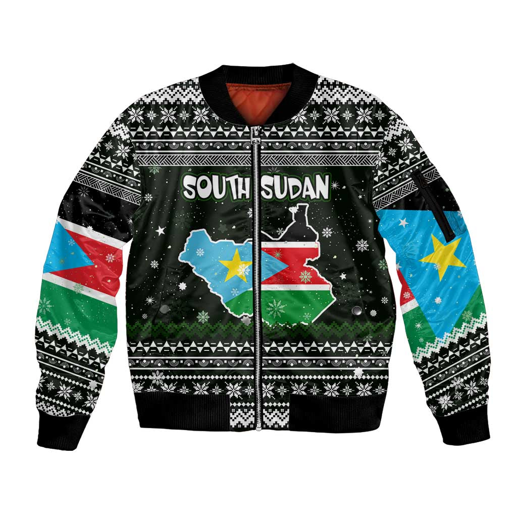 South Sudan Christmas Sleeve Zip Bomber Jacket with National Map, Flag Colors, and Sleeping Rhino Motif - Wonder Print Shop