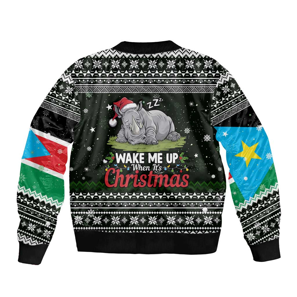 South Sudan Christmas Sleeve Zip Bomber Jacket with National Map, Flag Colors, and Sleeping Rhino Motif - Wonder Print Shop