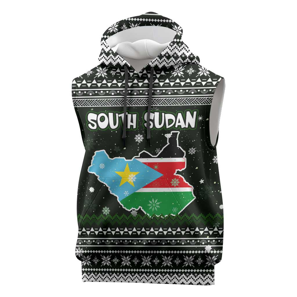 South Sudan Christmas Sleeveless Hoodie with National Map, Flag Colors, and Sleeping Rhino Motif - Wonder Print Shop