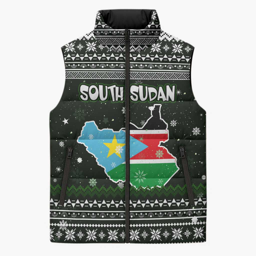 South Sudan Christmas Sleeveless Puffer Jacket with National Map, Flag Colors, and Sleeping Rhino Motif - Wonder Print Shop