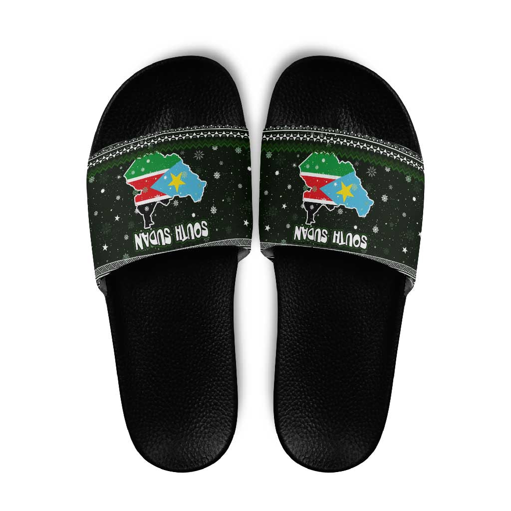 South Sudan Christmas Slide Sandals with National Map, Flag Colors, and Sleeping Rhino Motif - Wonder Print Shop